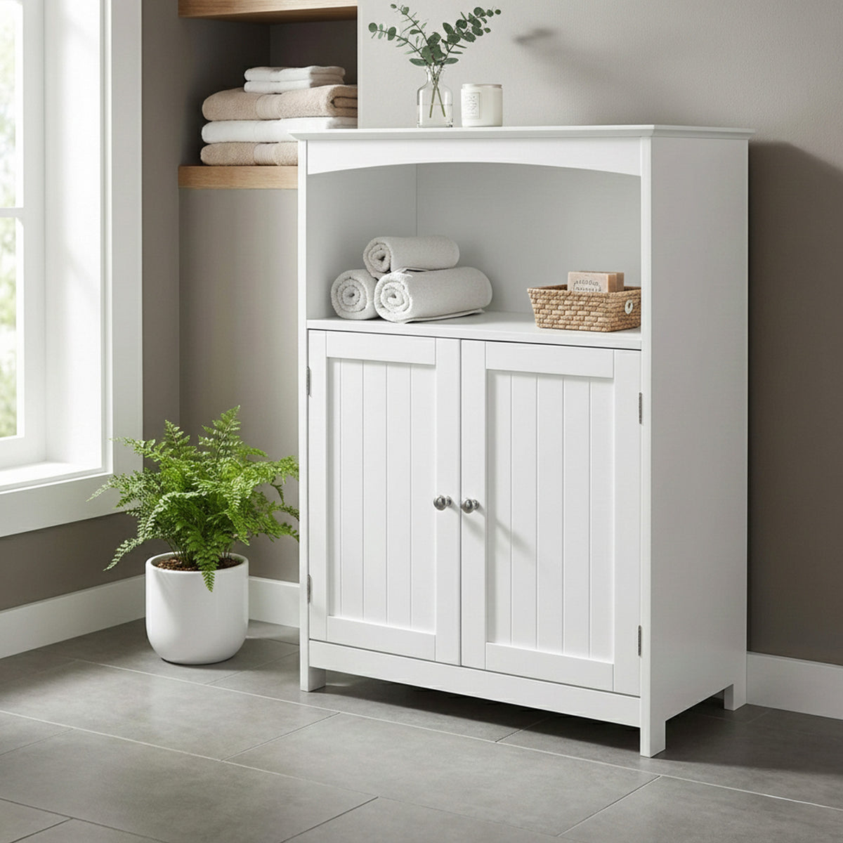 Redmon Double Door Bathroom Floor Cabinet with Open Shelf Storage, (Open Box)