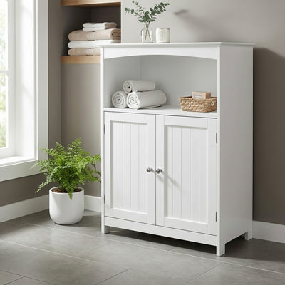 Redmon Double Door Bathroom Floor Cabinet with Open Shelf Storage, (Open Box) - VMInnovations