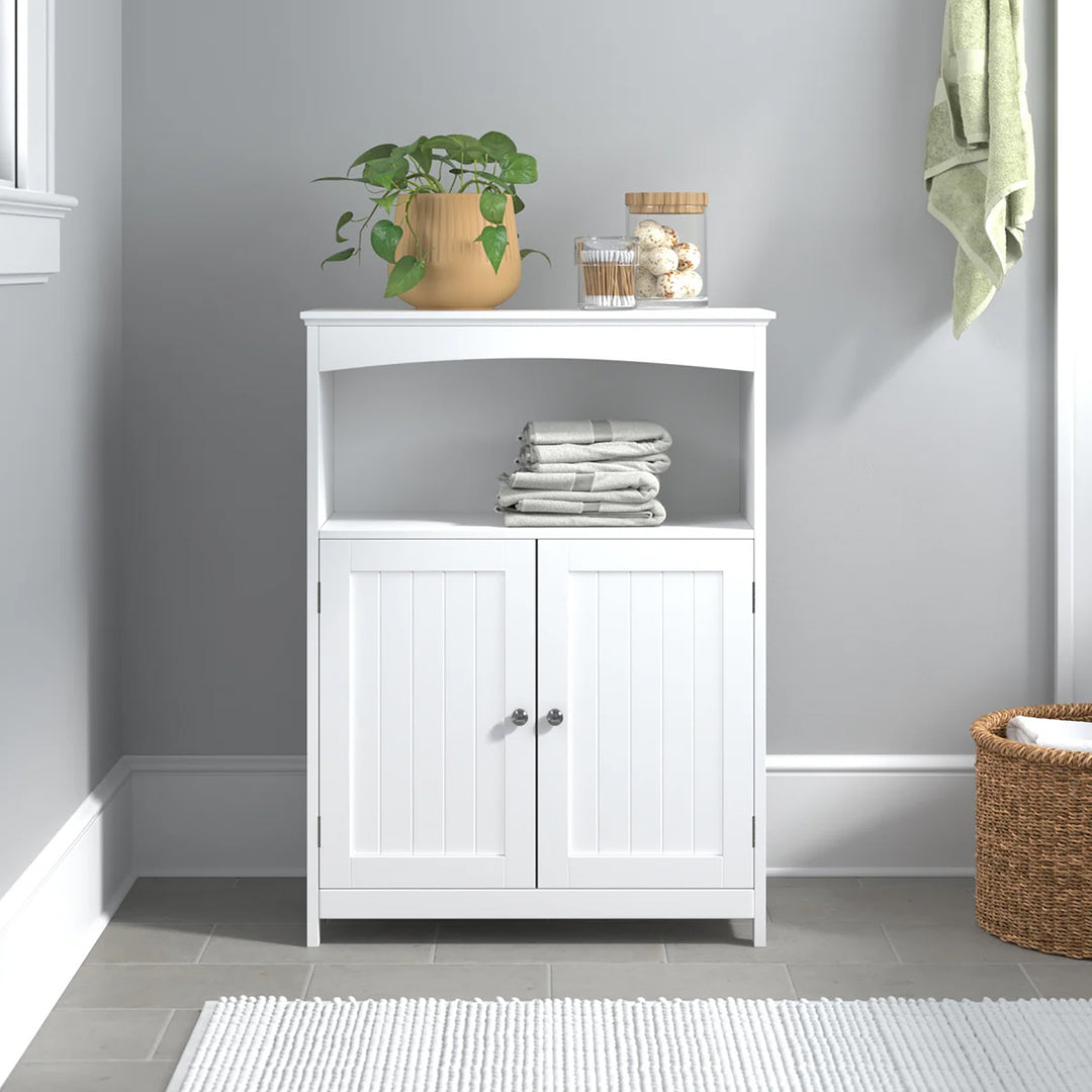 Redmon Double Door Bathroom Floor Cabinet with Open Shelf Storage, White