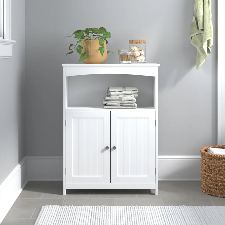 Redmon Double Door Bathroom Floor Cabinet with Open Shelf Storage, White