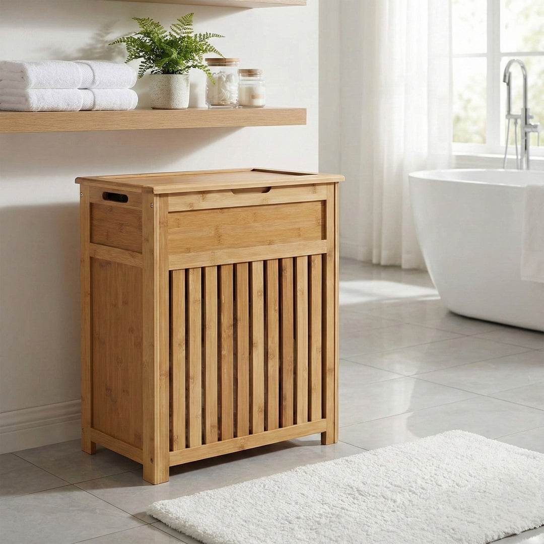 Redmon Bamboo Top Load Clothes Hamper w/Hinged Lid & Handles (Open Box)