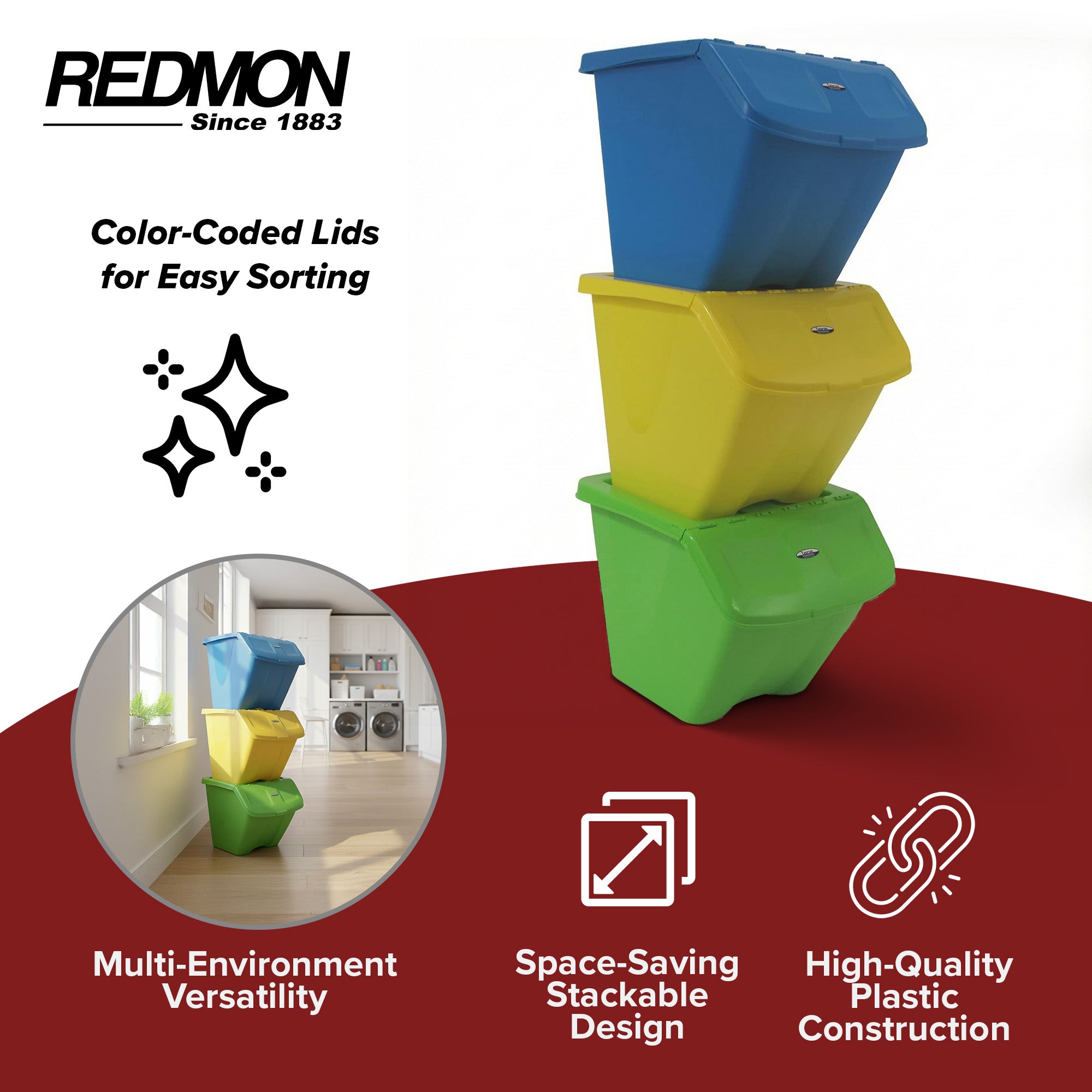 Redmon 10-Gal Stackable Shutter Bins, 3-Piece Recycling Storage Set, Multi-Color - VMInnovations