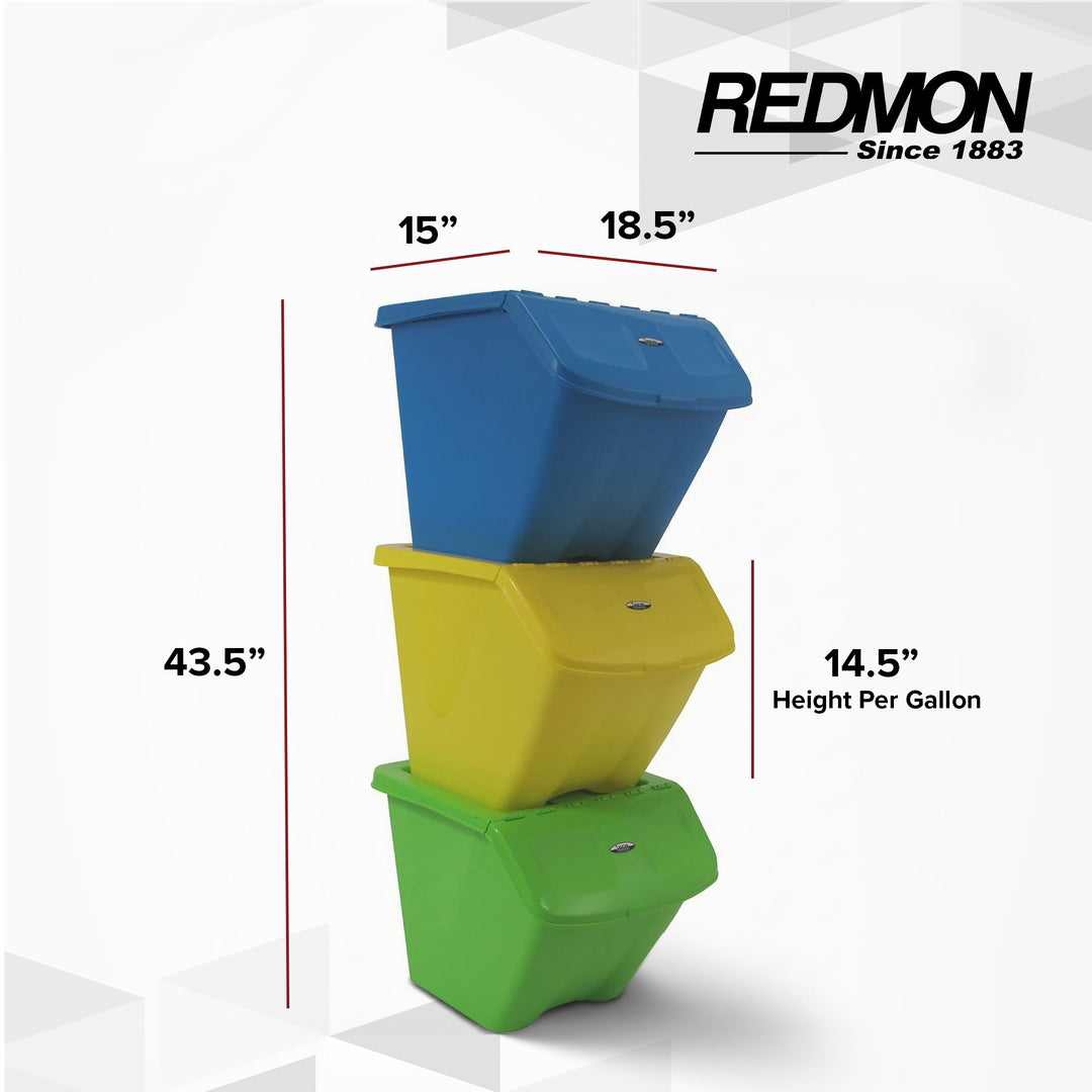 Redmon 10-Gal Stackable Shutter Bins, 3-Piece Recycling Storage Set, Multi-Color