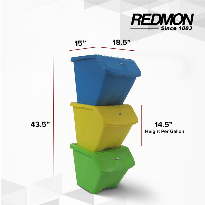 Redmon 10-Gal Stackable Shutter Bins, 3-Piece Recycling Storage Set, (Open Box)