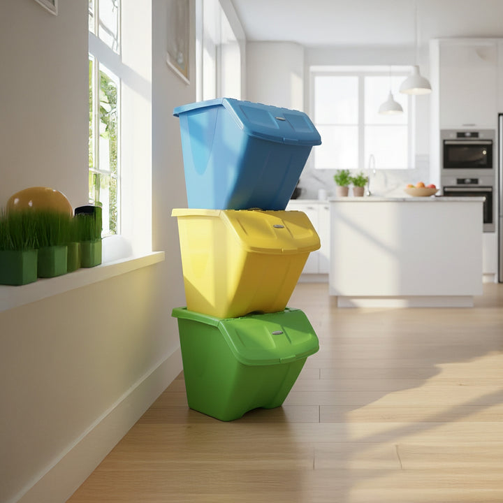 Redmon 10-Gal Stackable Shutter Bins, 3-Piece Recycling Storage Set, (Open Box)