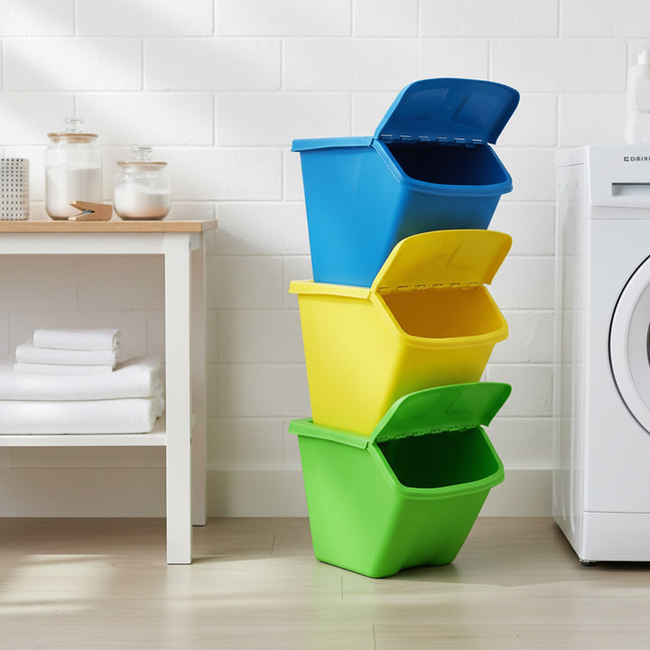 Redmon 10-Gal Stackable Shutter Bins, 3-Piece Recycling Storage Set, Multi-Color