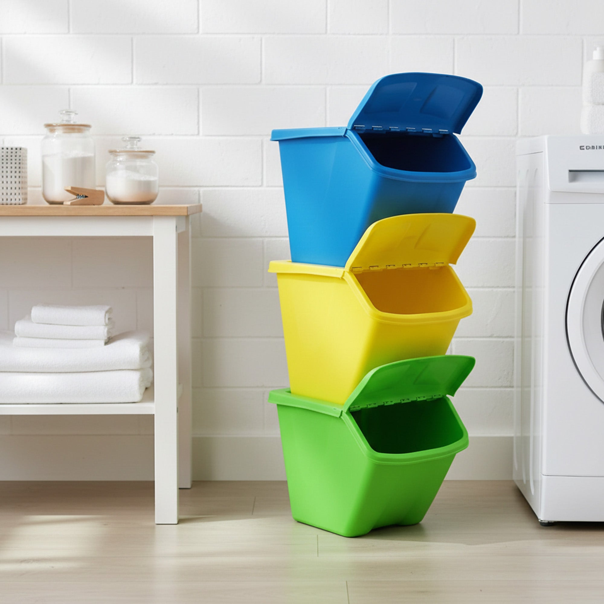 Redmon 10-Gal Stackable Shutter Bins, 3-Piece Recycling Storage Set, (Open Box)