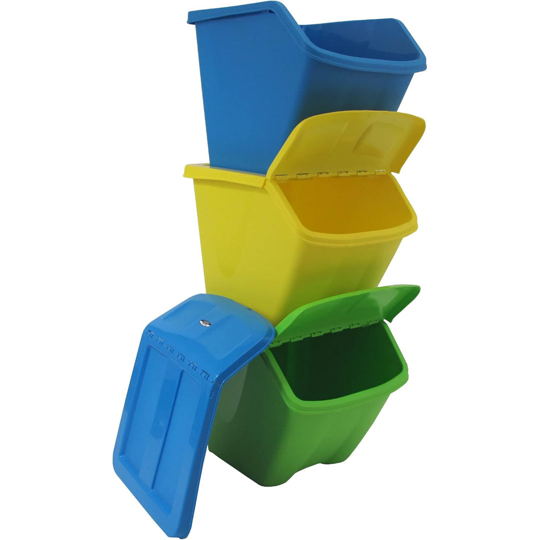 Redmon 10-Gal Stackable Shutter Bins, 3-Piece Recycling Storage Set, Multi-Color