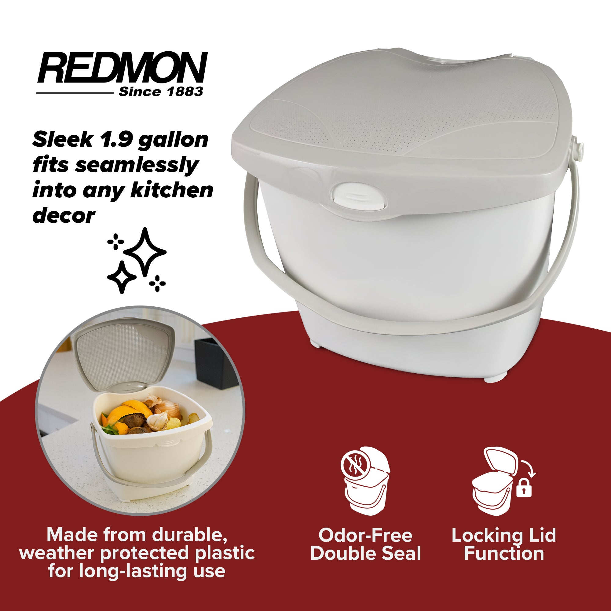 Redmon 1.9 Gal Kitchen Compost Bin, Odor Control Lid for Food Scraps, 300 Pack
