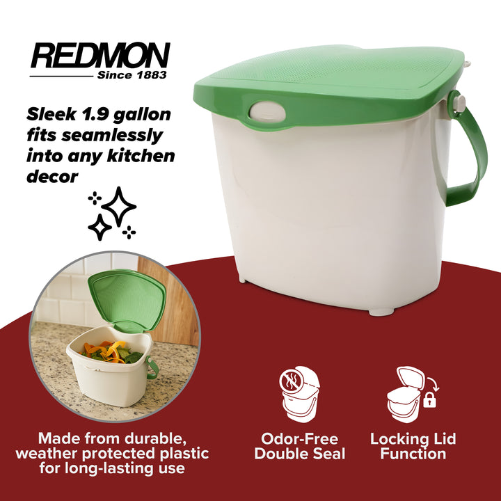 Redmon 1.9 Gal Kitchen Compost Bin for Food Scraps Odor Control Lid, Beige/Green