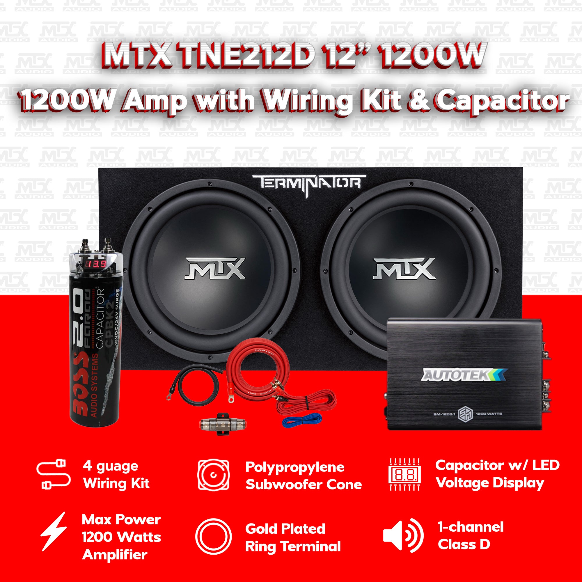 MTX TNE212D 12" 1200W Dual Loaded Car Subwoofer & 1200W Amp with Kit & Capacitor