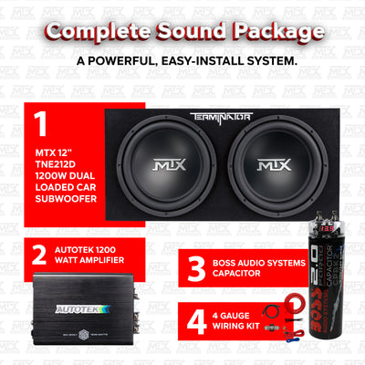 MTX TNE212D 12" 1200W Dual Loaded Car Subwoofer & 1200W Amp with Kit & Capacitor
