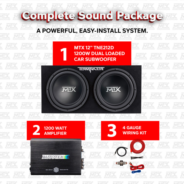 MTX TNE212D 12" 1200W Dual Loaded Car Subwoofer Package with 4 Gauge Wiring Kit