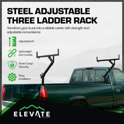 Elevate Outdoor Truck 3 Ladder Rack Steel Pickup Bed Cargo Carrier System, Black - VMInnovations