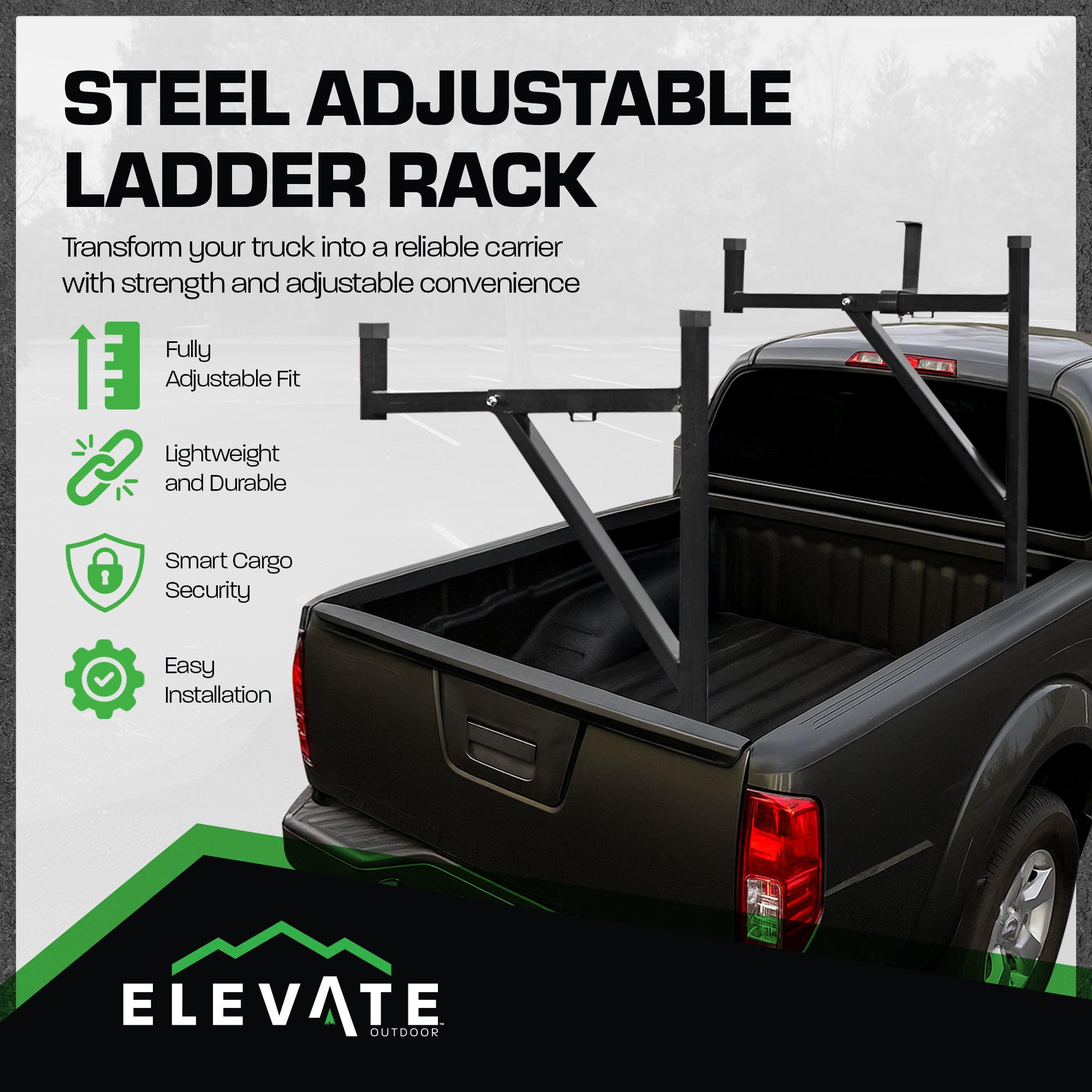 Elevate Outdoor Truck Ladder Rack Adjustable Steel Pickup Cargo Carrier, Black - VMInnovations