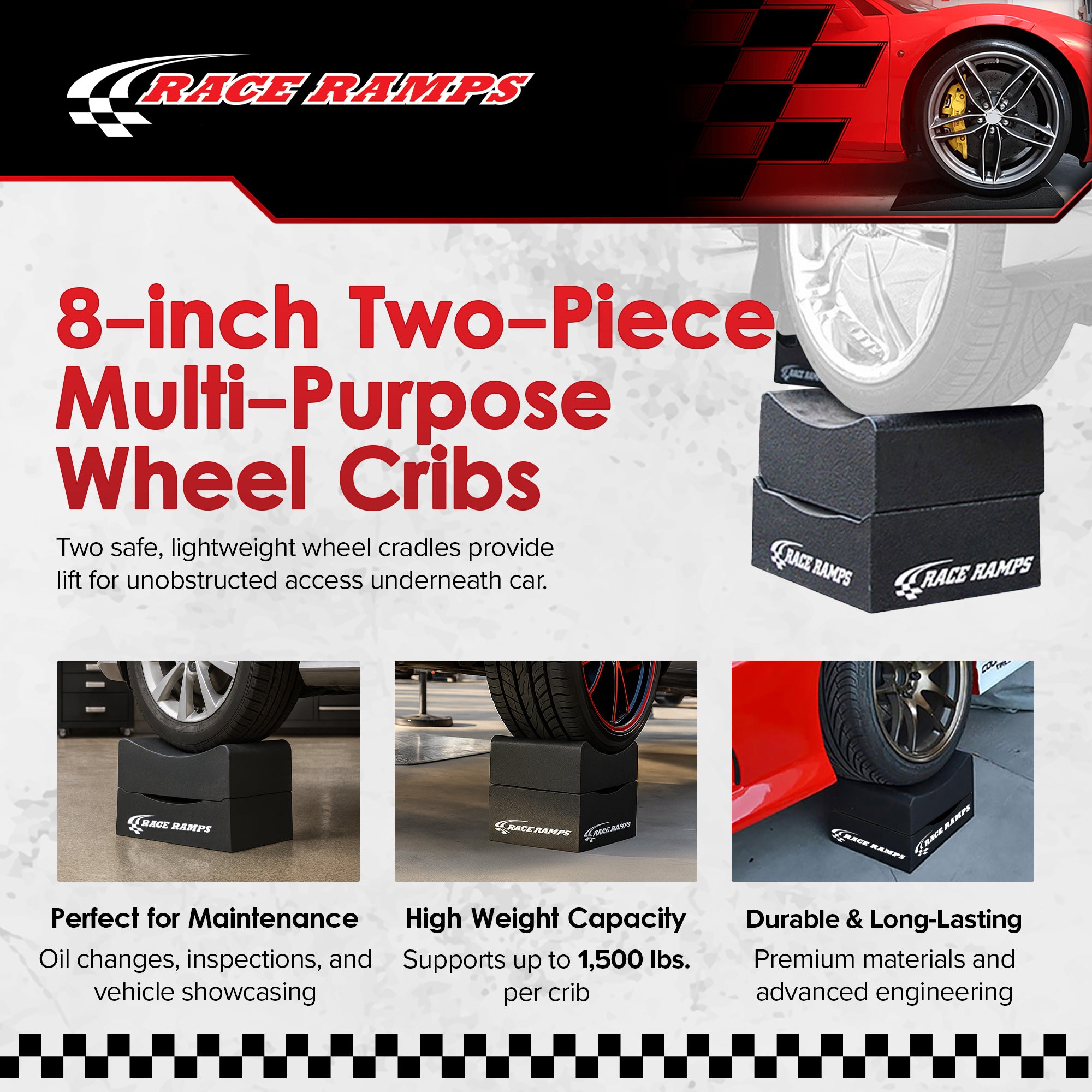 Race Ramps 8" Adjustable Wheel Cribs Car Maintenance Display, Black (Open Box) - VMInnovations