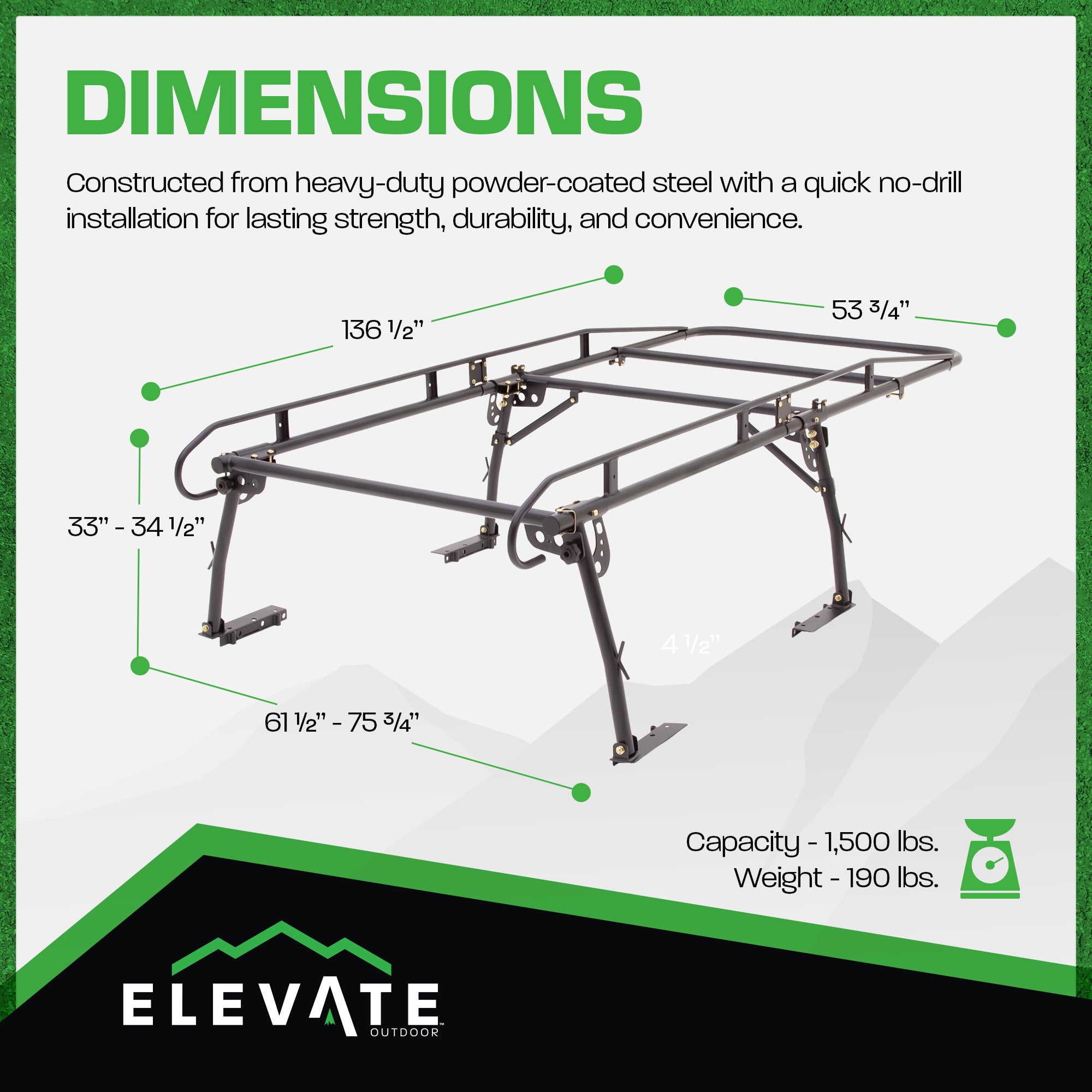 Elevate Outdoor Powder Coated Steel Over Cap Truck Rack, Adjustable to 75" Wide - VMInnovations
