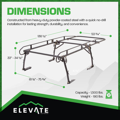 Elevate Outdoor Powder Coated Steel Over Cap Truck Rack, Adjustable to 75" Wide - VMInnovations