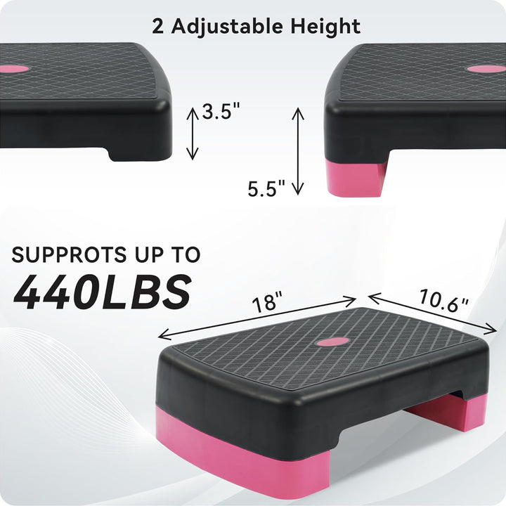 Fitvids 18" Workout Aerobic Stepper Platform with Adjustable Risers, Black/Pink