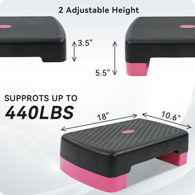 Fitvids 18" Aerobic Stepper Platform w/Adjustable Risers, Black/Pink (Open Box) - VMInnovations