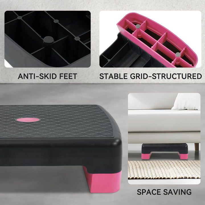 Fitvids 18" Workout Aerobic Stepper Platform with Adjustable Risers, Black/Pink