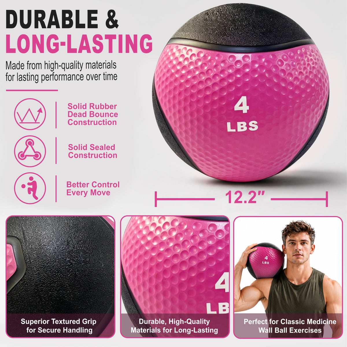 Fitvids 4 lb Dual-Texture Medicine Ball for Core and Strength Training, Pink