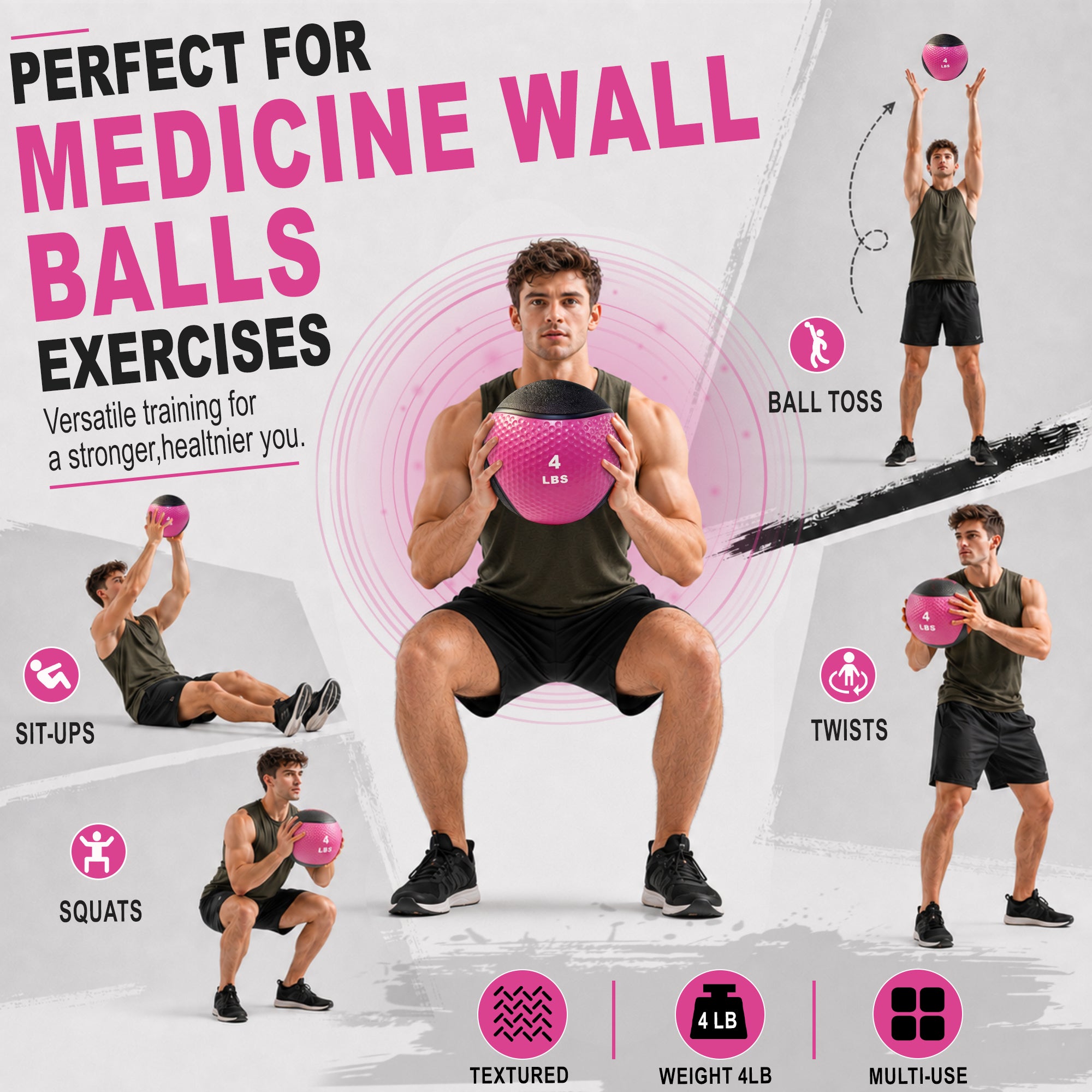 Fitvids 4 lb Dual-Texture Medicine Ball for Core and Strength Training, Pink