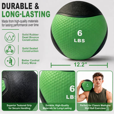 Fitvids 6 lb Dual-Texture Medicine Ball for Core and Strength Training, Green