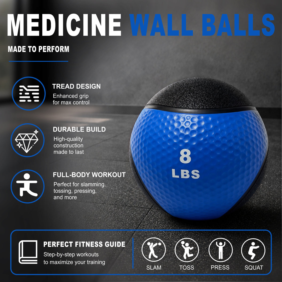 Fitvids 8 lb Dual-Texture Medicine Ball for Core and Strength Training, Blue