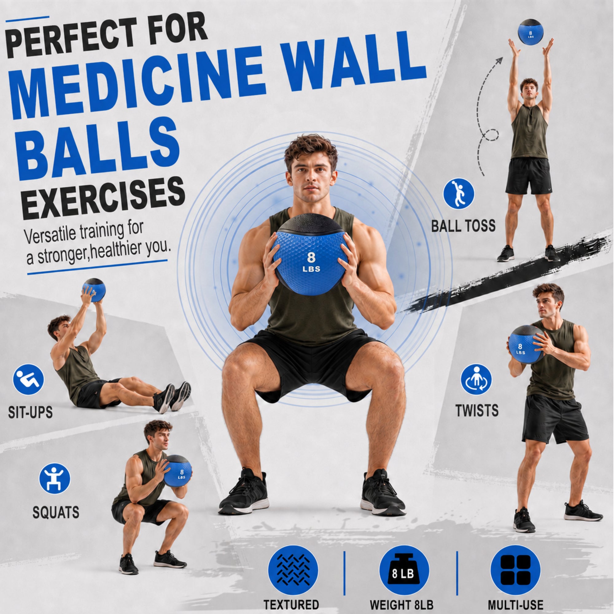 Fitvids 8 lb Dual-Texture Medicine Ball for Core and Strength Training, Blue