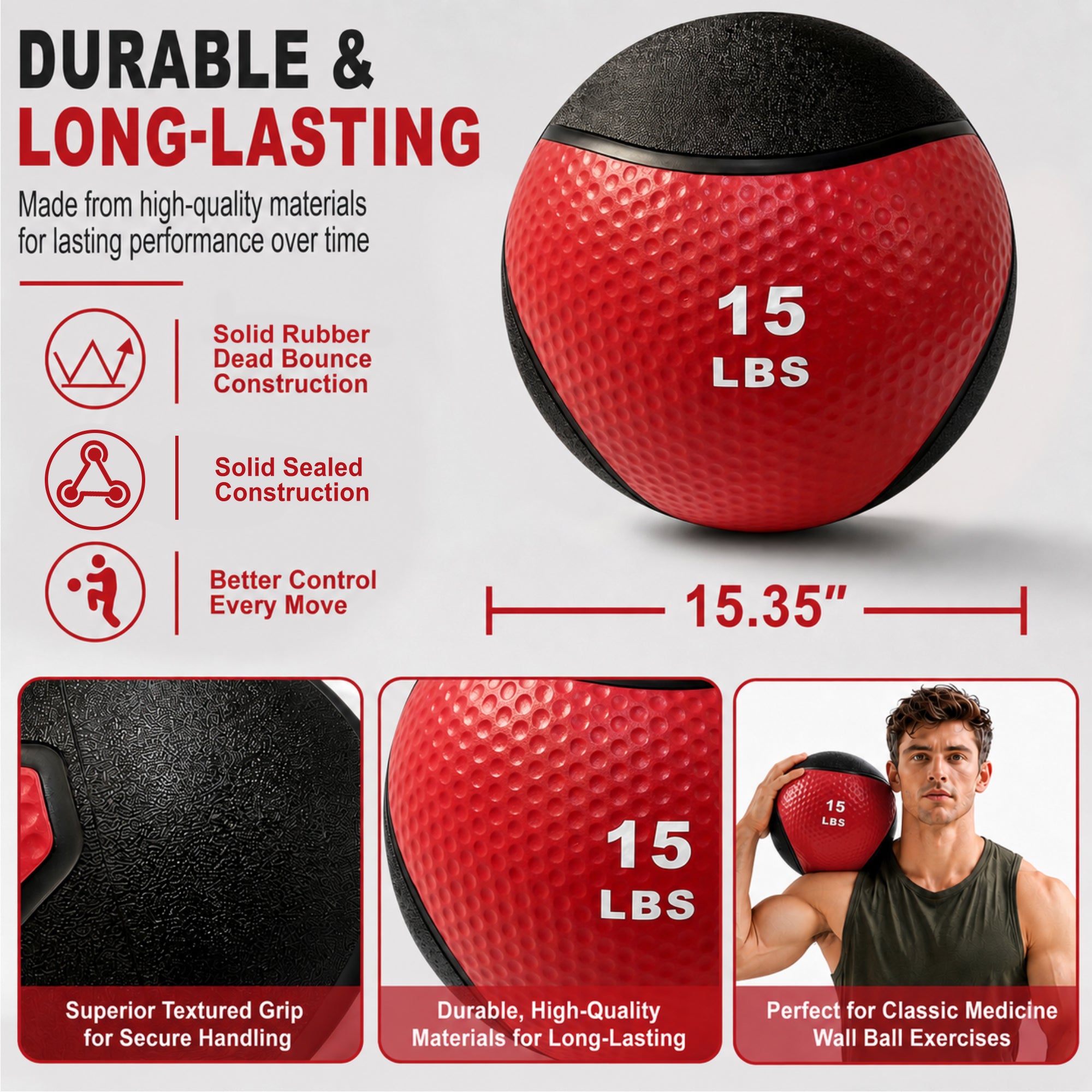 Fitvids 15 lb Dual-Texture Medicine Ball for Core and Strength Training, Red