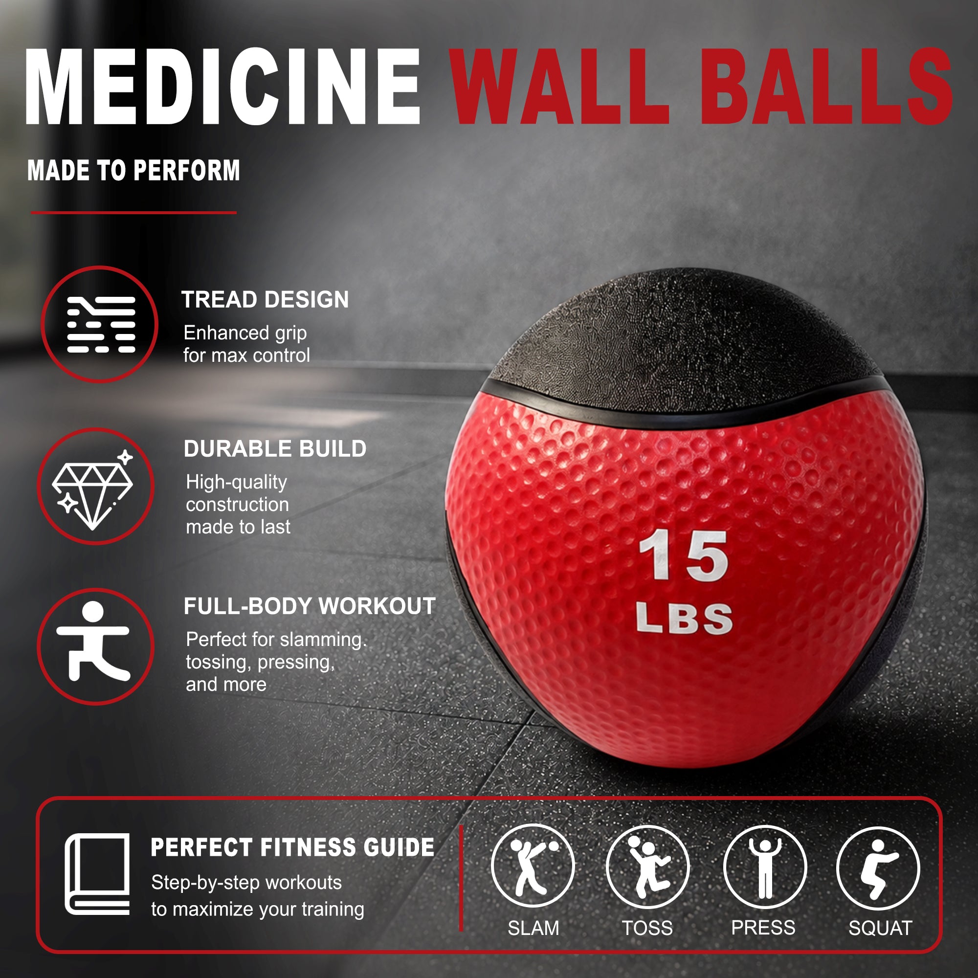 Fitvids 15 lb Dual-Texture Medicine Ball for Core and Strength Training, Red