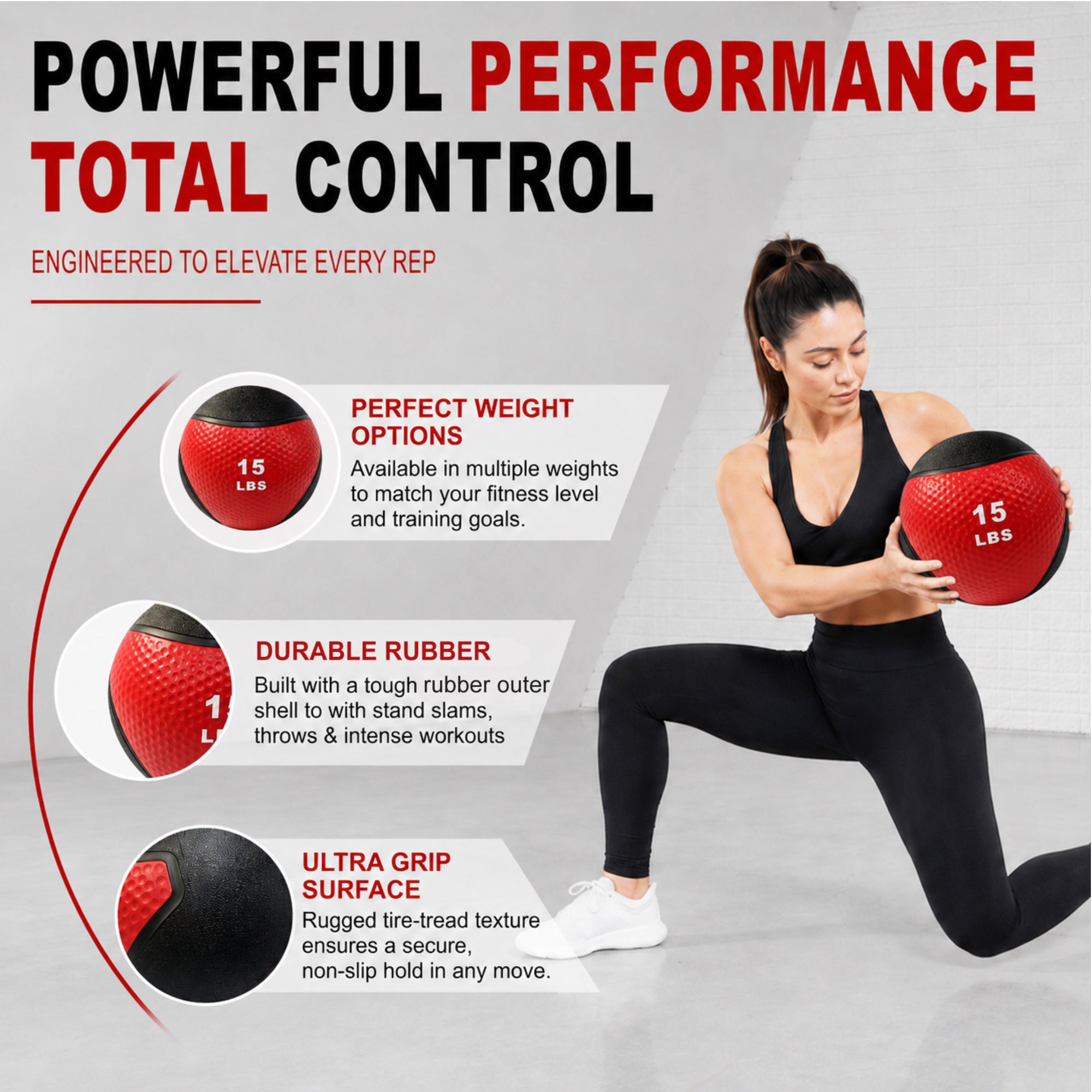Fitvids 15 lb Dual-Texture Medicine Ball for Core and Strength Training, Red