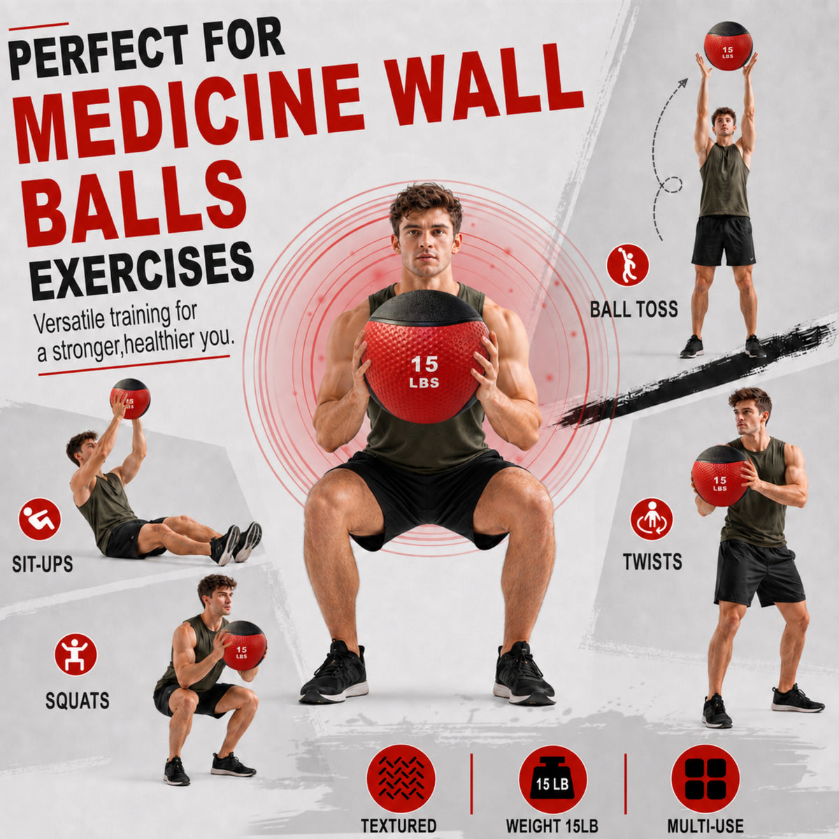Fitvids 15 lb Dual-Texture Medicine Ball for Core and Strength Training, Red