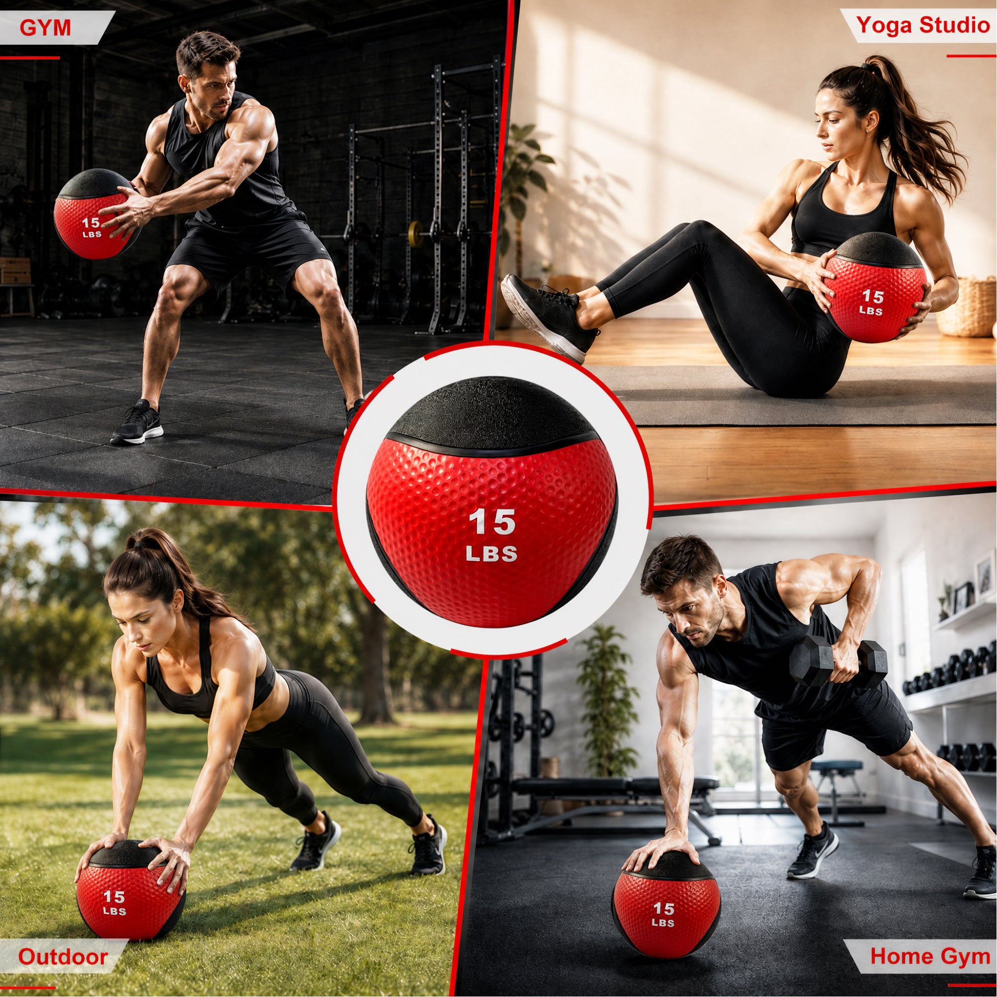 Fitvids 15 lb Dual-Texture Medicine Ball for Core and Strength Training, Red