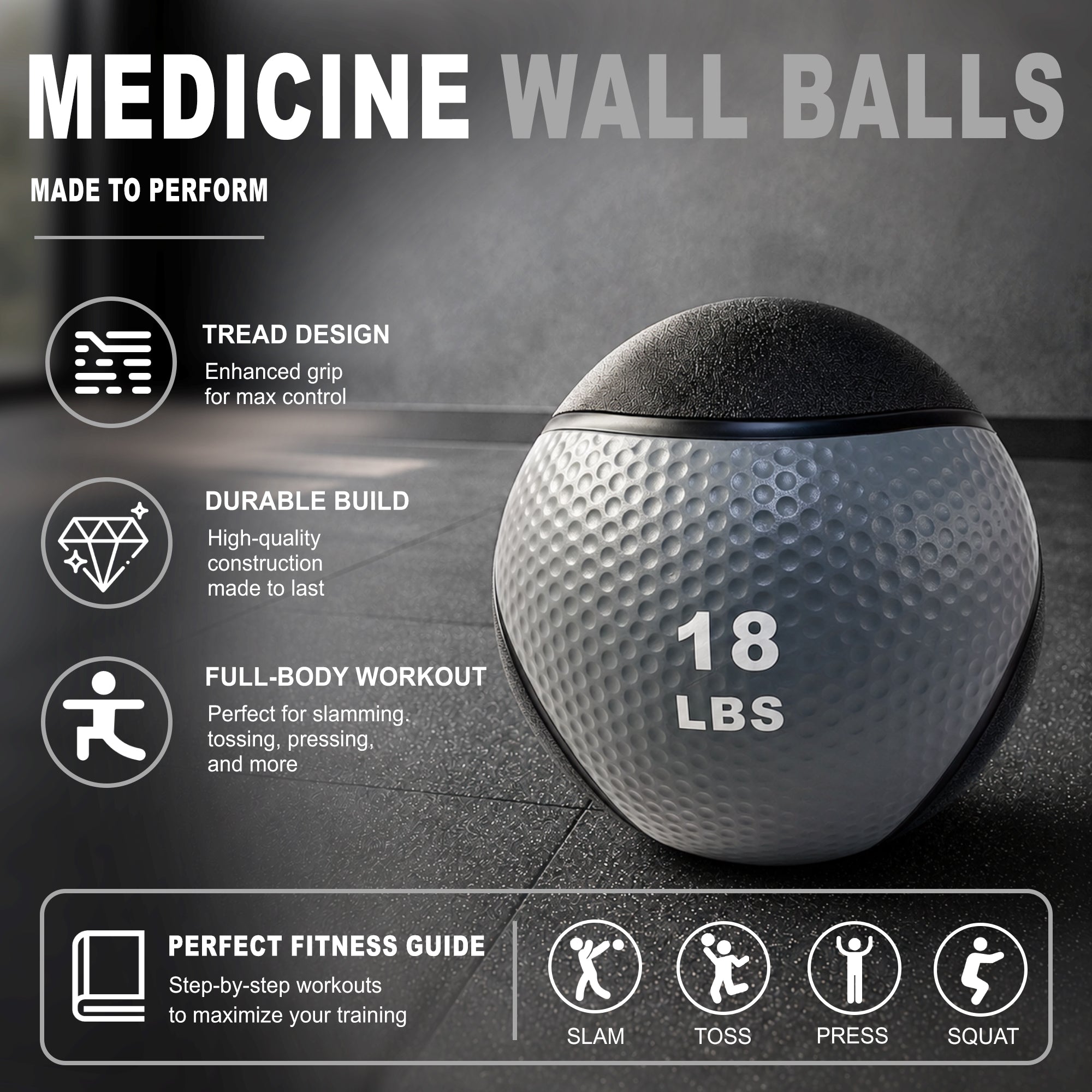 Fitvids 18 lb Dual-Texture Medicine Ball for Core and Strength Training, Gray