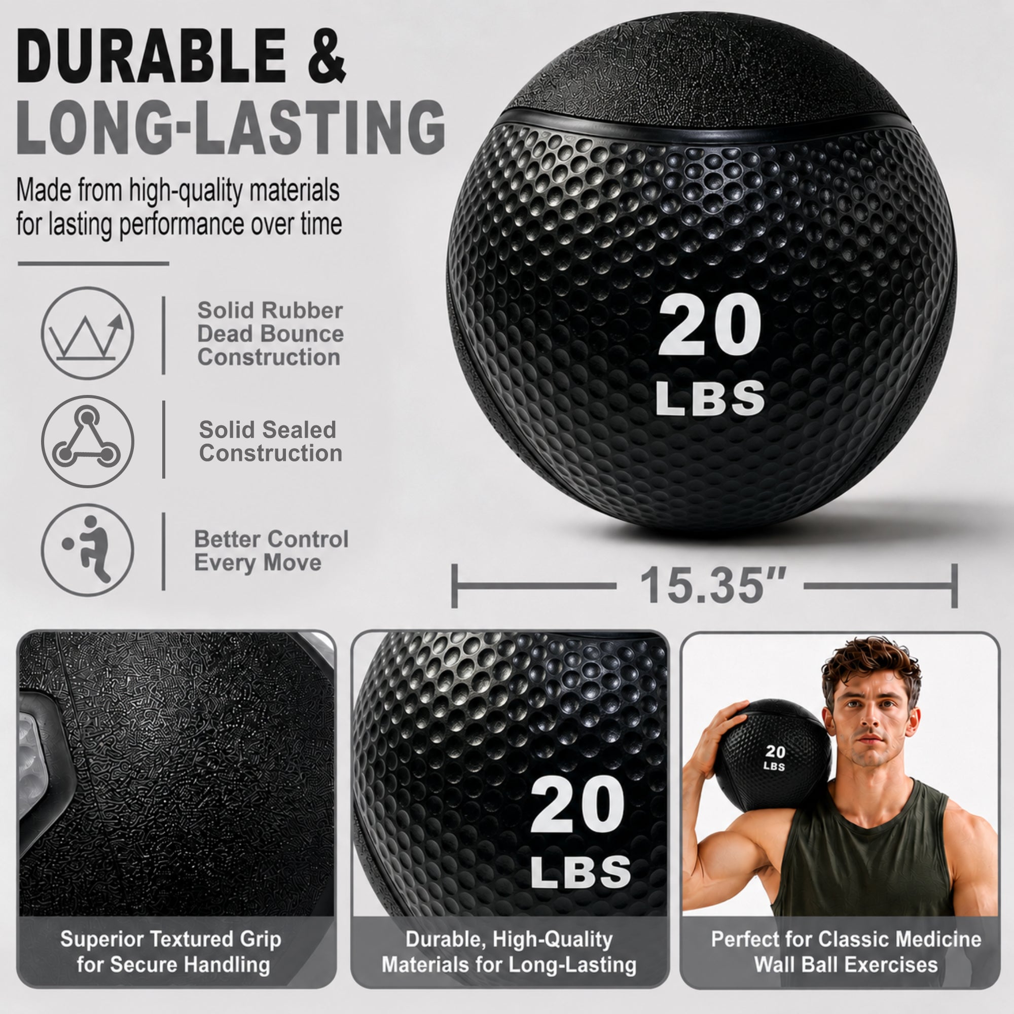 Fitvids 20 lb Dual-Texture Medicine Ball for Core and Strength Training, Black