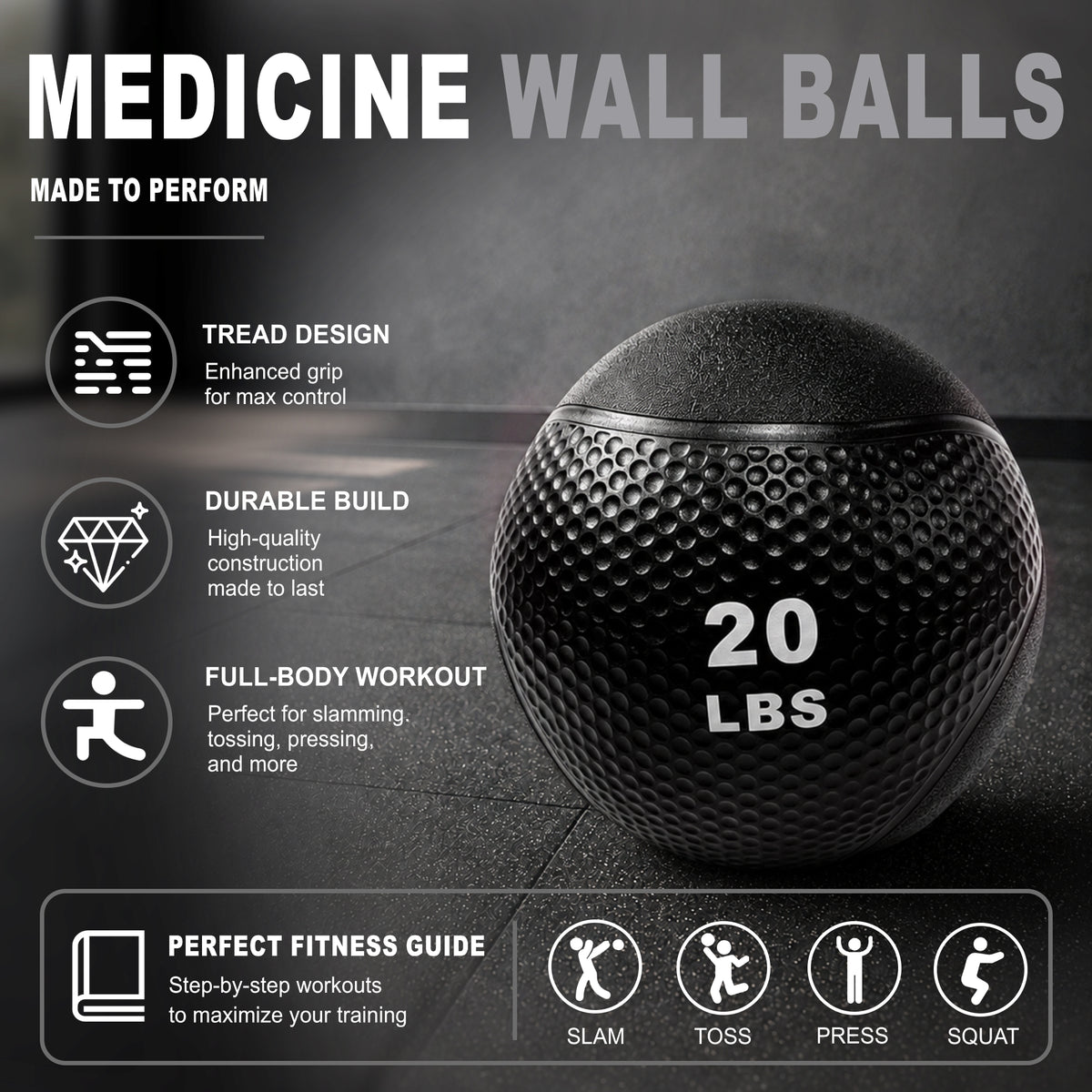 Fitvids 20 lb Dual-Texture Medicine Ball for Core and Strength Training, Black