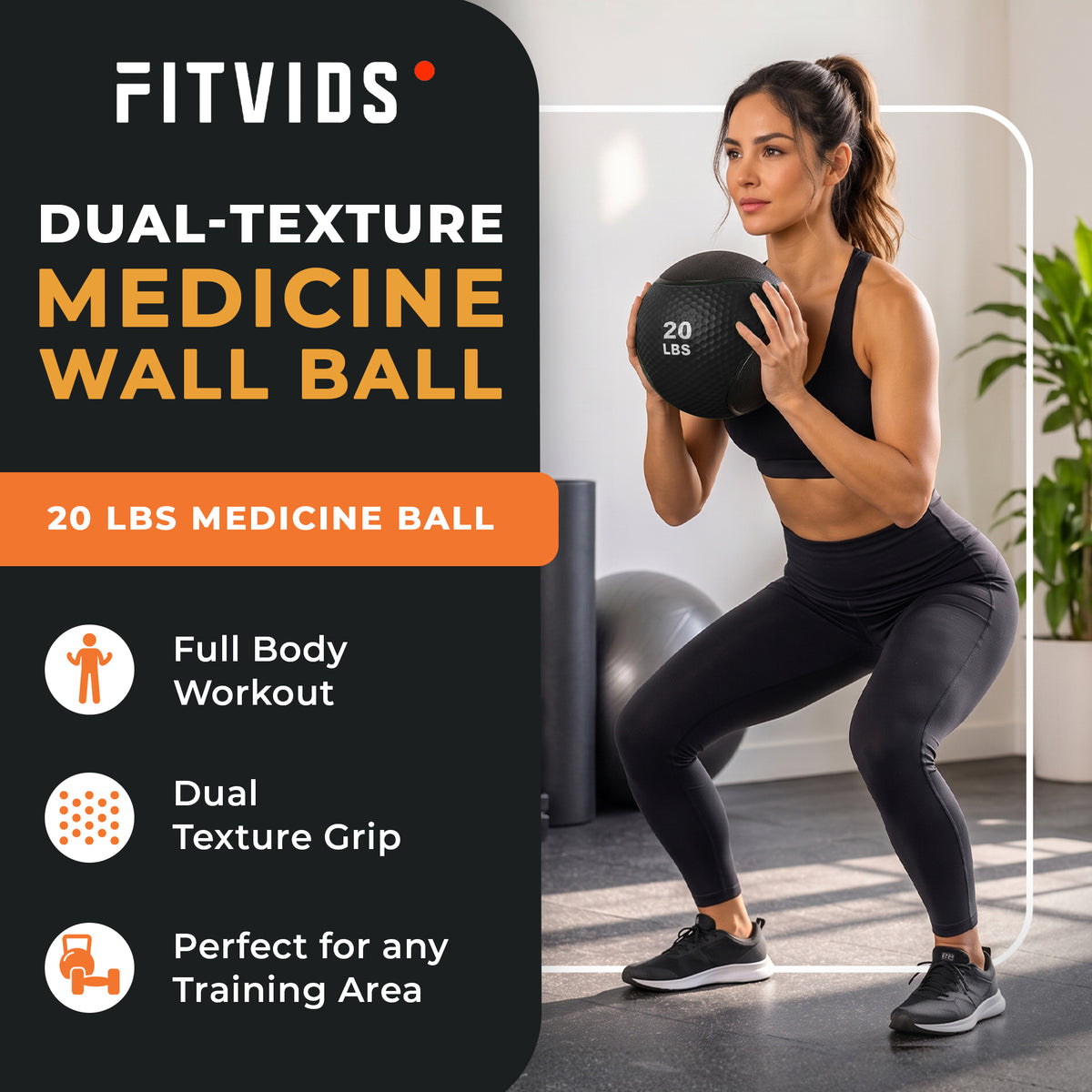 Fitvids 20 lb Dual-Texture Medicine Ball for Core and Strength Training, Black