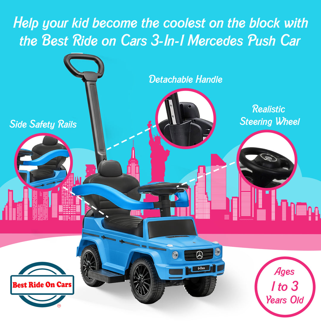 Best Ride On Cars Kids Outdoor Stroller Mercedes G-Wagon 3 in 1 Push Car, Blue