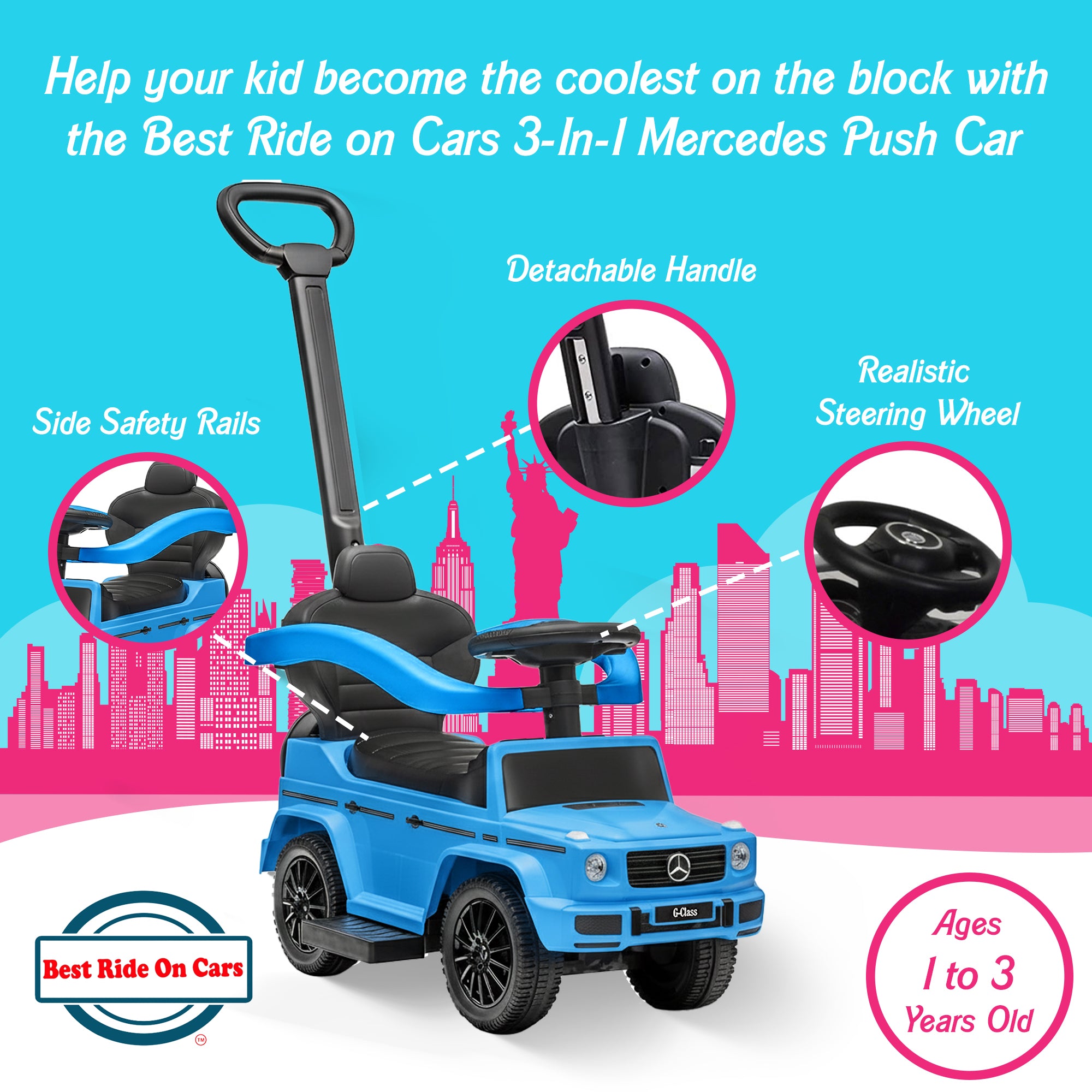 Best Ride On Cars Kids Outdoor Mercedes G-Wagon 3 in 1 Push Car, Blue (Open Box) - VMInnovations