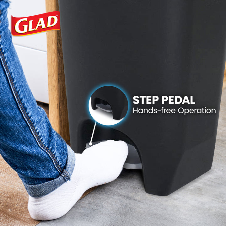 Glad Kitchen Trash Can with Lid, Foot Pedal and Garbage Bag Rings, 13 Gal, Black