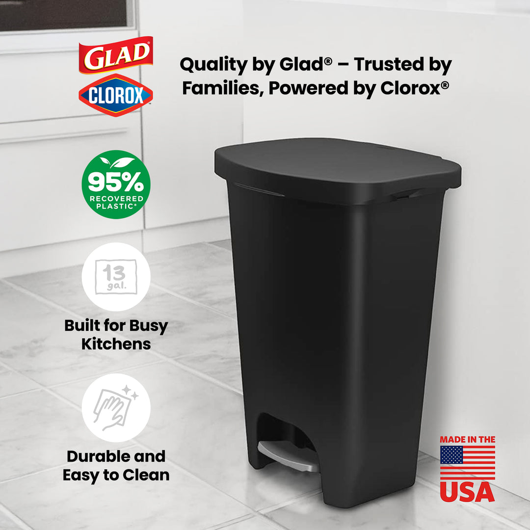 Glad Kitchen Trash Can with Lid, Foot Pedal and Garbage Bag Rings, 13 Gal, Black