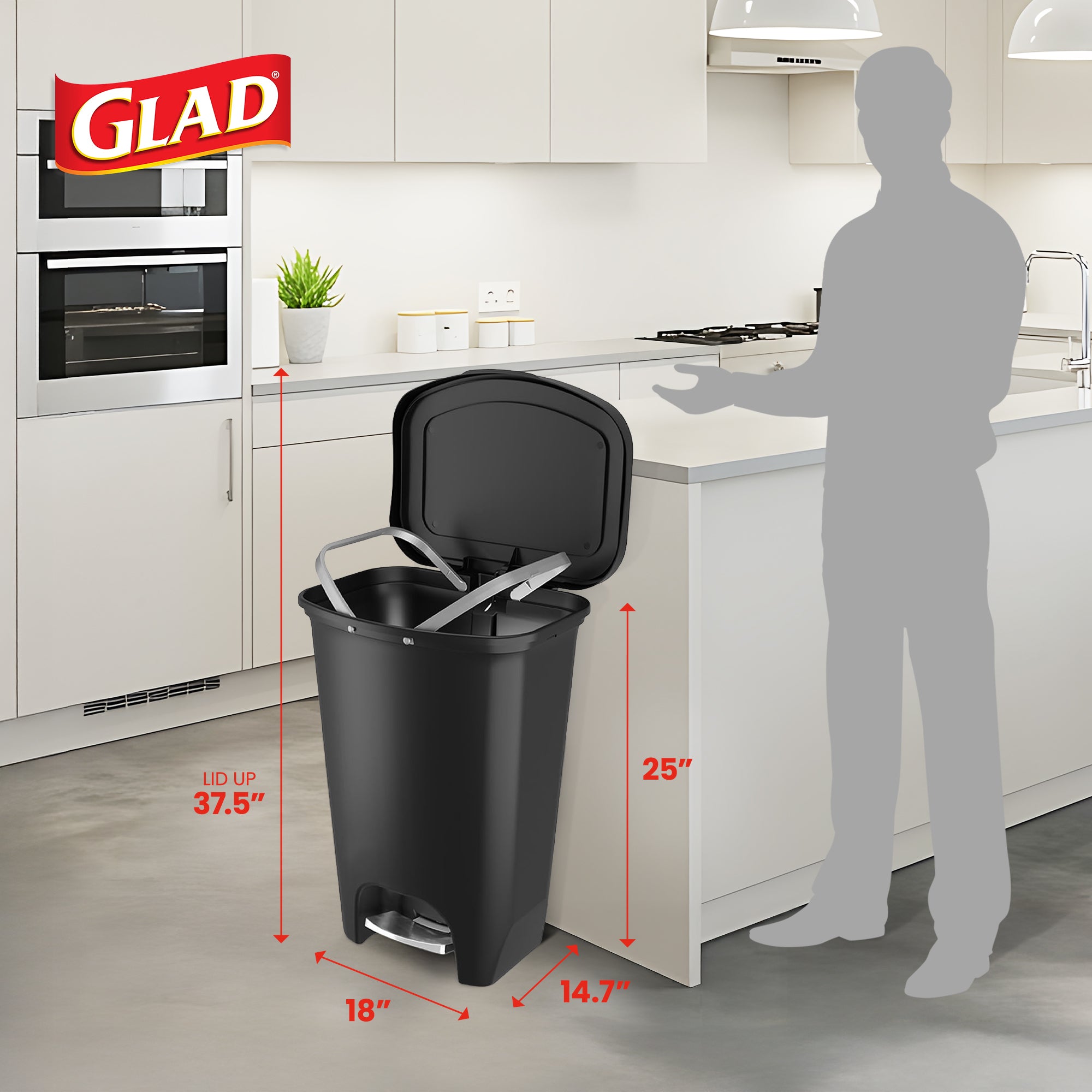 Glad Trash Can with Lid, Stainless Foot Pedal & Garbage Bag Rings, 13 Gal, Black