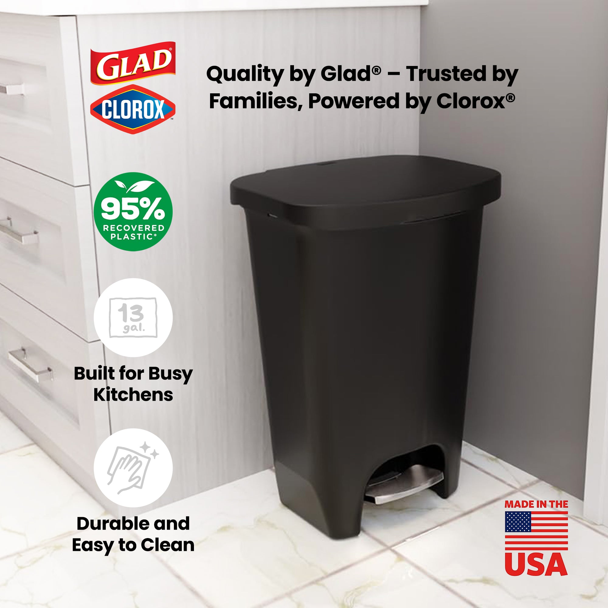 Glad Trash Can with Lid, Stainless Foot Pedal & Garbage Bag Rings, 13 Gal (Used)