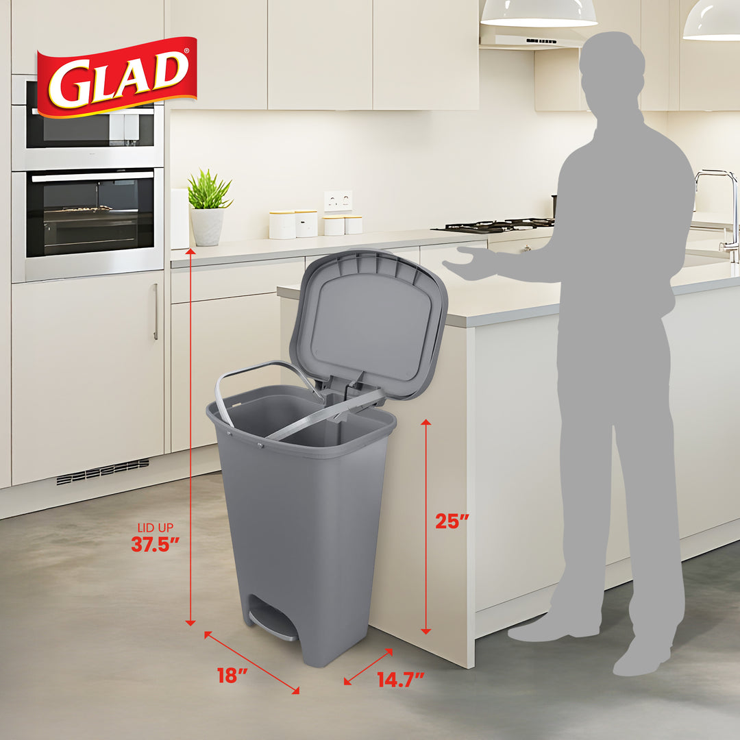 Glad Kitchen Trash Can with Lid, Foot Pedal and Garbage Bag Rings, 13 Gal, Grey