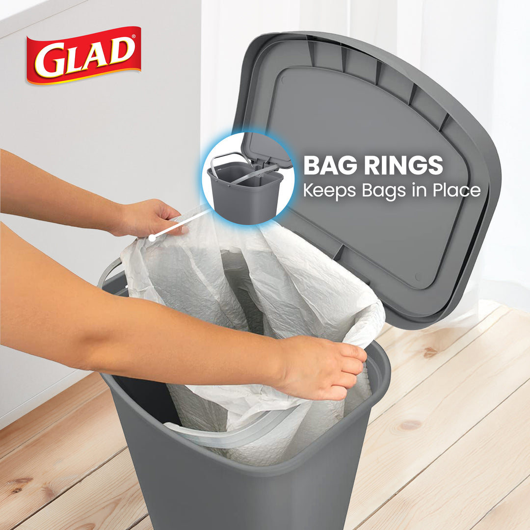 Glad Kitchen Trash Can with Lid, Foot Pedal and Garbage Bag Rings, 13 Gal, Grey