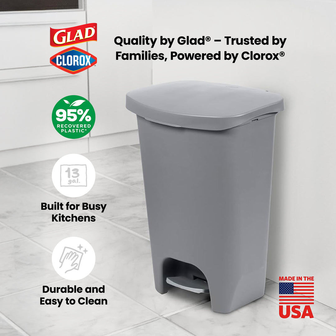 Glad Kitchen Trash Can with Lid, Foot Pedal and Garbage Bag Rings, 13 Gal, Grey