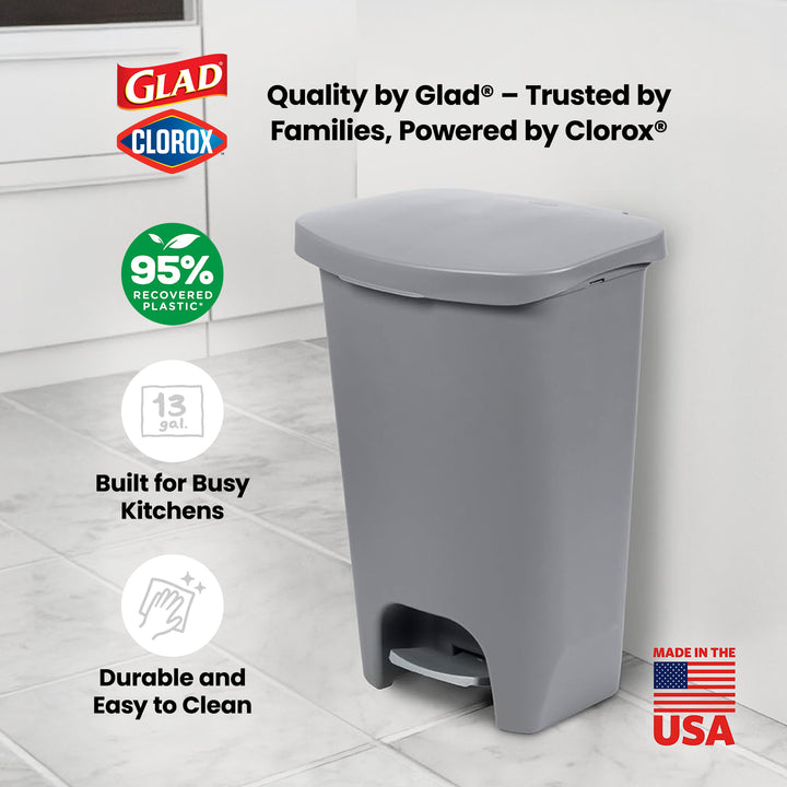 Glad Kitchen Trash Can with Lid, Foot Pedal and Garbage Bag Rings, 13 Gal, Grey