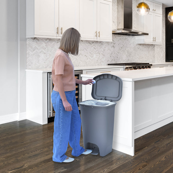Glad Kitchen Trash Can with Lid, Foot Pedal and Garbage Bag Rings, 13 Gal, Grey